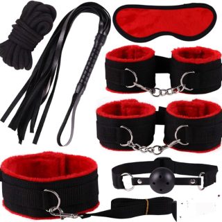 Black & Red Leather BDSM Bondage Kit - 8 Pcs